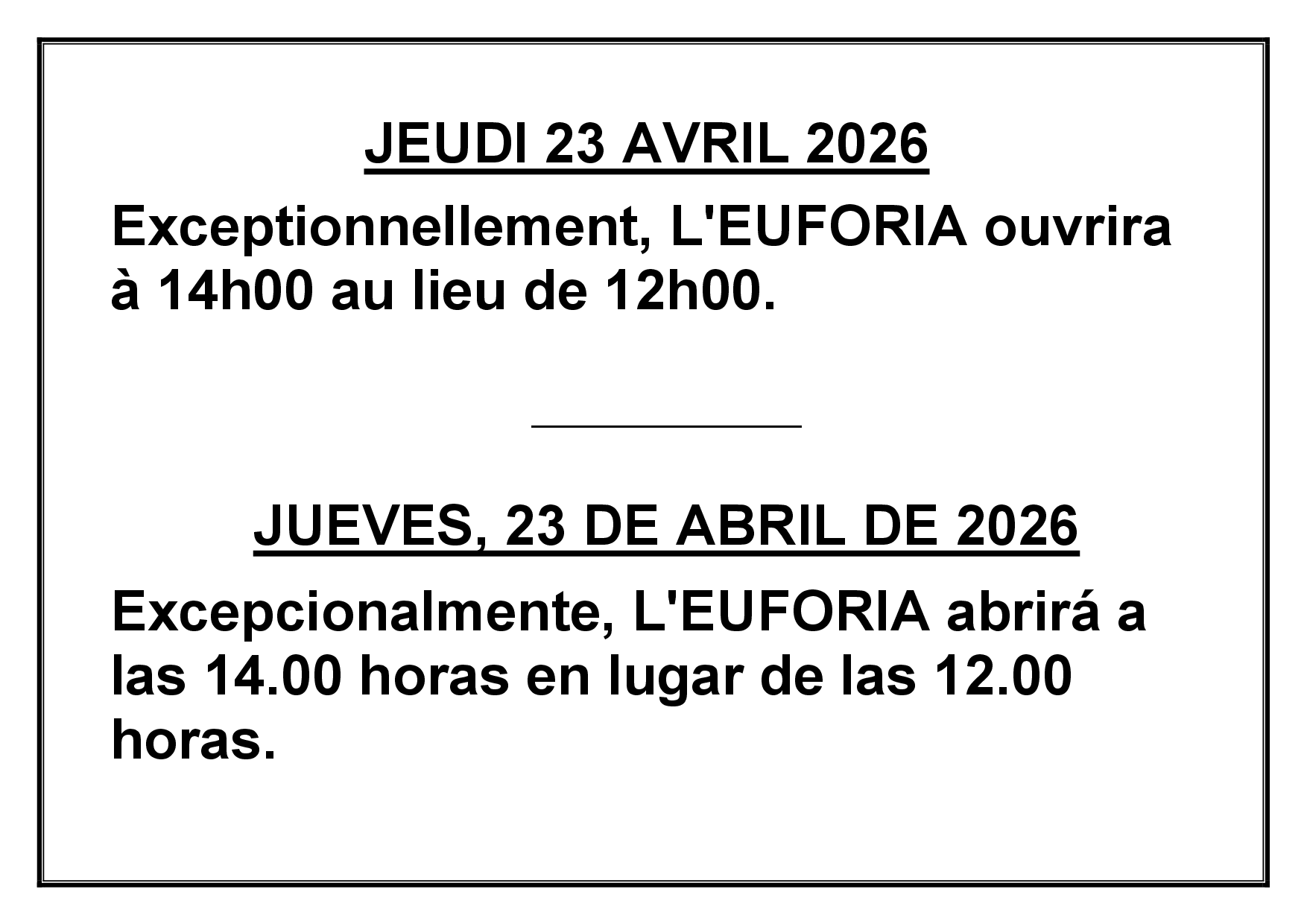Beaulieu affiche ouvert except 14h00 23avr26 260422